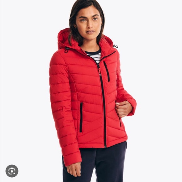 🤍NWOT! Red Nautica Hooded Packable Puffer Coat - Picture 1 of 13